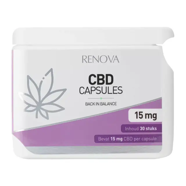 Witte verpakking met Renova CBD-capsules, elk 10 mg. Verpakking heeft een bladontwerp en paars accent. Bevat 30 capsules.