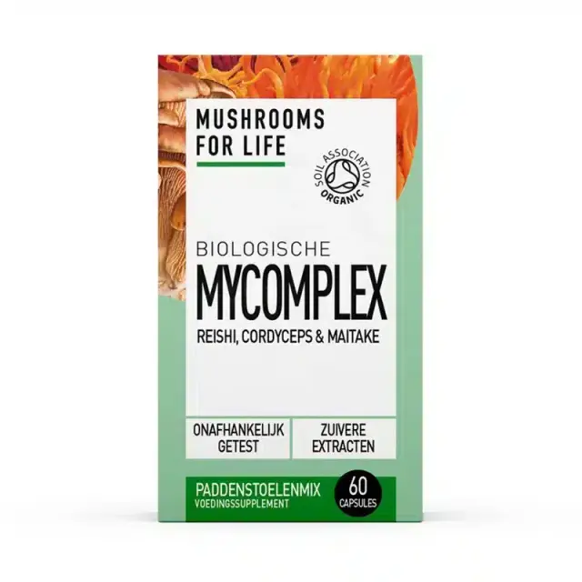 Doos met "Mushrooms4Life - Biologische paddenstoel MyComplex Capsules" met biologische reishi, cordyceps en maitake met 60 capsules.
