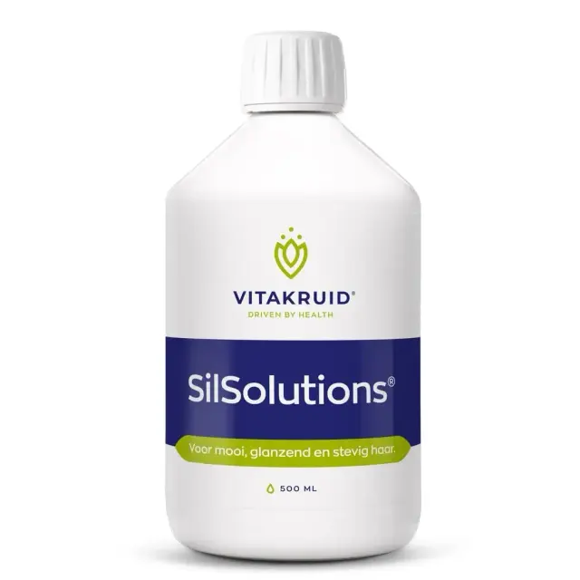 Een flesje Vitakruid - SilSolutions® (500ml) met een witte dop en blauw etiket, met tekst in het Nederlands.