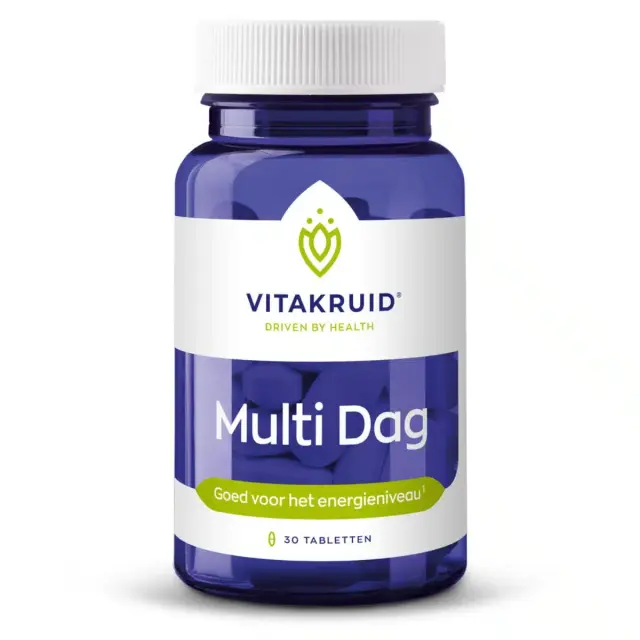 Een blauwe fles Vitakruid - Multi Dag (30 tabletten) met een witte dop en Nederlandse tekst op het etiket, met 30 tabletten.
