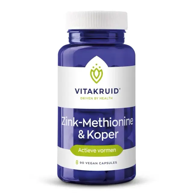 Blauwe fles met het label "Vitakruid Zink-Methionine & Koper" met 90 veganistische capsules.
