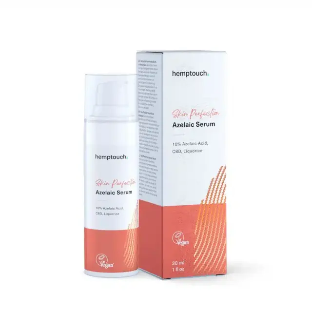 Een 30 ml flesje en doosje Hemptouch - Skin Perfection - CBD Azelaic Serum voor gezicht, met 10% azelaïnezuur, CBD, zoethout en veganistisch gecertificeerd.