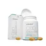 Een flesje CBD-capsules met de verpakking, gelabeld "Cibdol - 10% CBD Capsules 2.0", wordt omgeven door drie capsules. miniatuur
