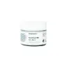 Een witte pot Kalmerende CBD-balsem van Hemptouch (50 mg CBD/50 ml) heeft een groen en paars bladontwerp en is gelabeld als 100% gerecyclede verpakking. miniatuur