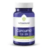 Blauwe fles met het label "Vitakruid Curcuma C3-2X" met 60 veganistische capsules, met een groen embleem en tekst die de verbeterde absorptie met Bioperine benadrukt. miniatuur