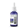 Een flesje Vitakruid - Vitamine D3 & K2 (30 ml) in de kleur blauw met een witte dop en een etiket waarop de ingrediënten in het Engels en Spaans staan vermeld. miniatuur