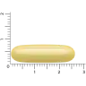 Een gele ovale Vitakruid - Visolie Forte capsule, ongeveer 2 centimeter groot en met 1000 mg visolie, is geplaatst op een zwarte achtergrond, met een liniaal als schaal. miniatuur