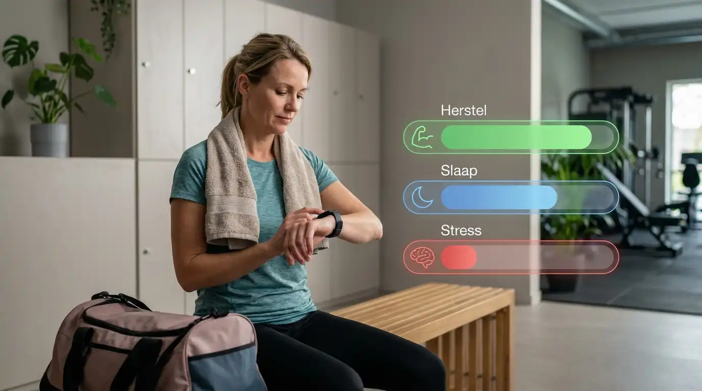 Een vrouw zit op een bankje in een sportschool en controleert haar smartwatch. Digitale grafieken tonen niveaus voor herstel, slaap en stress in het Nederlands.