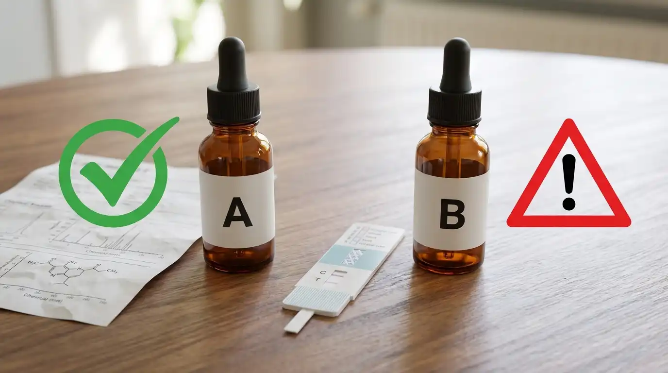 Twee gelabelde druppelflesjes, "A" met een groen vinkje en "B" met een rood waarschuwingssymbool, naast een teststrip en een stuk papier met diagrammen op een houten tafel.