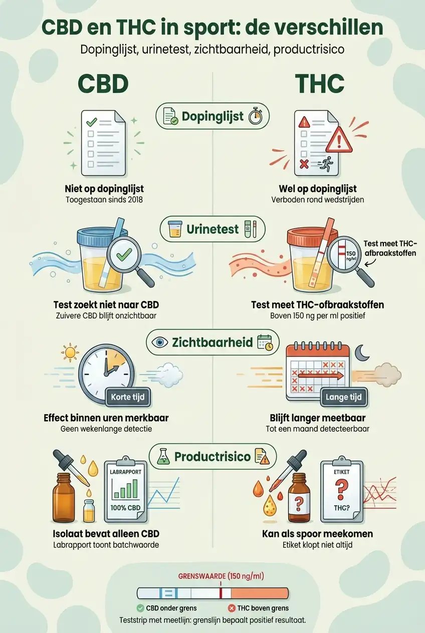 Infographic waarin CBD en THC in de sport worden vergeleken: dopingstatus, urinetests, detecteerbaarheid en productrisico, met pictogrammen en afbeeldingen voor elke categorie.