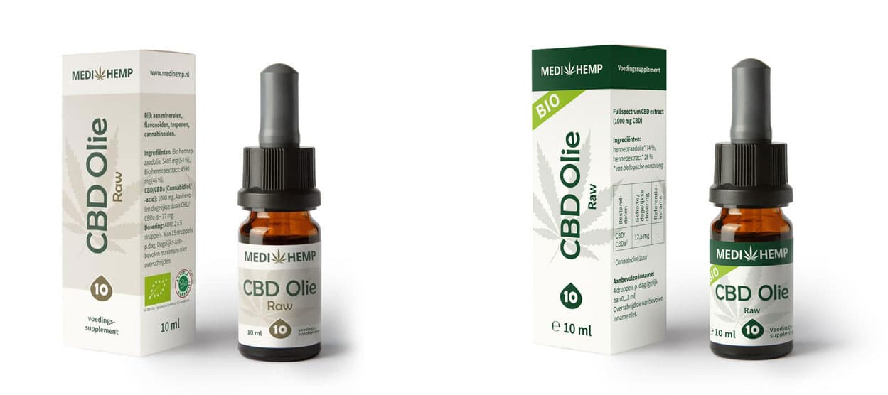 een flesje cbd olie naast een doosje cbd olie.