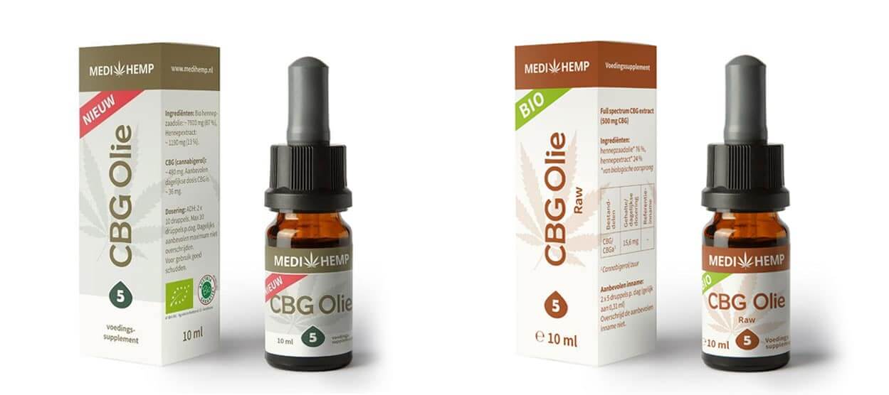 een fles cbo-olie naast een doos cbo-olie.