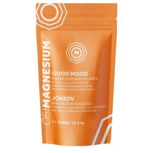OsiMagnesium pakket Good Mood magnesiumbadvlokken, met tekst en ronde designelementen, bedoeld om de stemming op te fleuren met essentiële oliën.