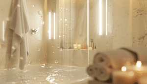 Een serene badkamer met een verlichte Hemptouch - Verzorgende Crème Douchegel (250 ml), verspreide waterdruppels in de lucht en een warm gloeiend licht, met de focus op een badkuip gedeeltelijk zichtbaar op de voorgrond.