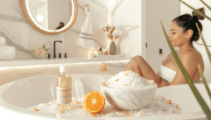 Een vrouw die ontspant in een badkuip met een kom OsiMagnesium - Good Mood Magnesium Bath Flakes - Zoete Sinaasappel (1 kg) en gesneden sinaasappel vlakbij, in een helder verlichte badkamer.