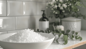 Een serene badkameromgeving met een kom gevuld met OsiMagnesium - Muscle Relax Magnesium Bath Flakes - Eucalyptus (1kg), eucalyptusbladeren en een bloemstuk naast zeepdispensers.