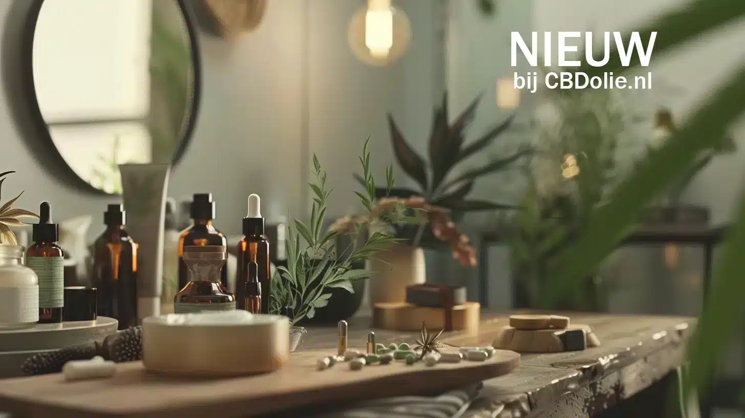 Verschillende huidverzorgings- en etherische olieflessen op een rustieke houten tafel met planten. Tekst in het Nederlands: "NIEUW bij CBDOlie.nl".