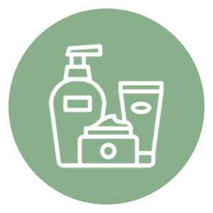 Witte omtrekiconen van een fles lotion, een tube en een potje creme op een groene, ronde achtergrond. Deze iconen representeren huidverzorgings- of persoonlijke verzorgingsproducten.