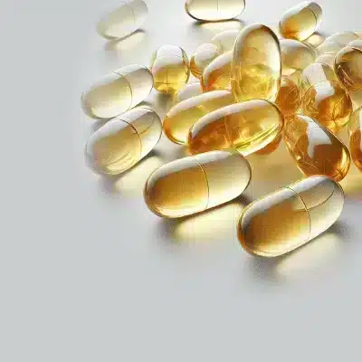 Een groep doorschijnende, ovaalvormige gelcapsules met een goudgele tint, verspreid over een licht oppervlak.