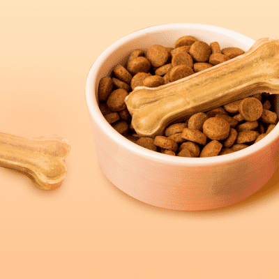Een witte kom gevuld met bruine brokjes en een kauwsnack in de vorm van een bot. Er ligt nog een botje op het aanrechtblad.