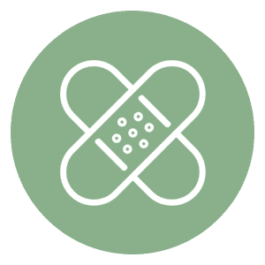 Wit icoon van twee gekruiste pleisters op een groene, ronde achtergrond.