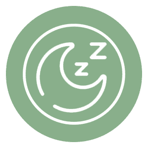 Witte omtrek van een halve maan en twee "Z"-symbolen op een groene, ronde achtergrond, wat staat voor slaap of nacht.