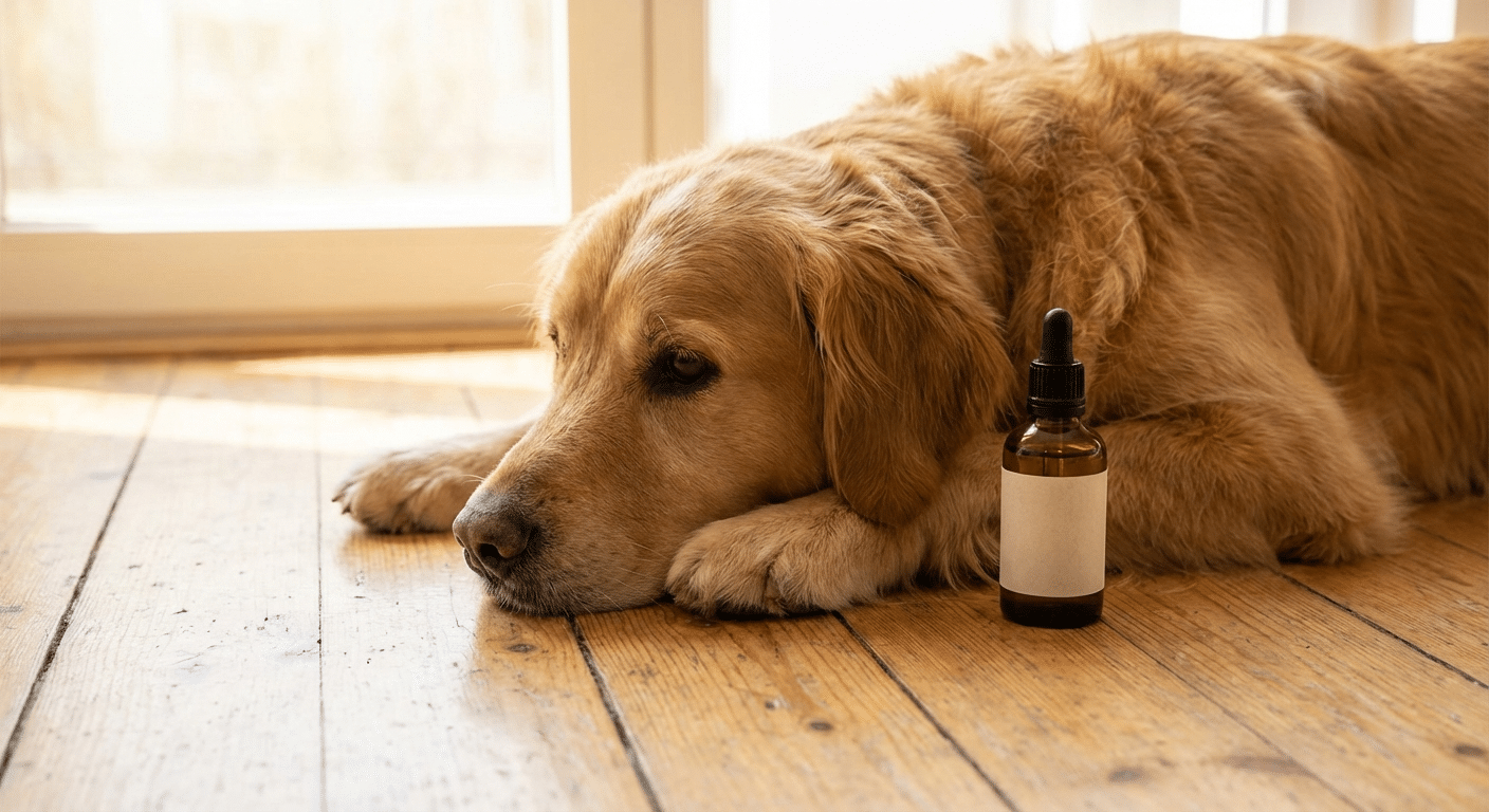 Hond naast CBD olie flesje, CBD olie voor huisdieren