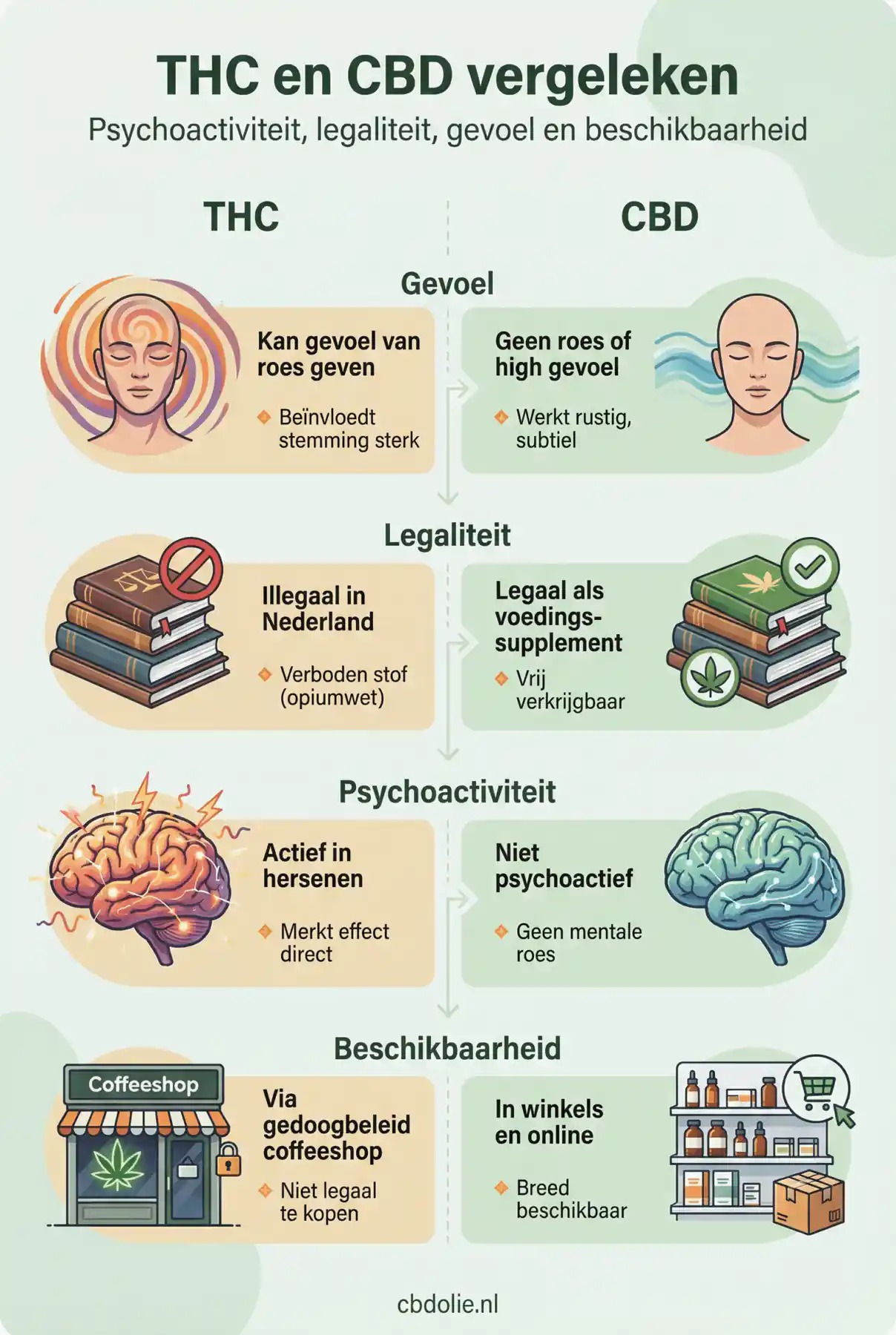 Infographic: verschil tussen THC en CBD, psychoactiviteit, legaliteit, gevoel en beschikbaarheid