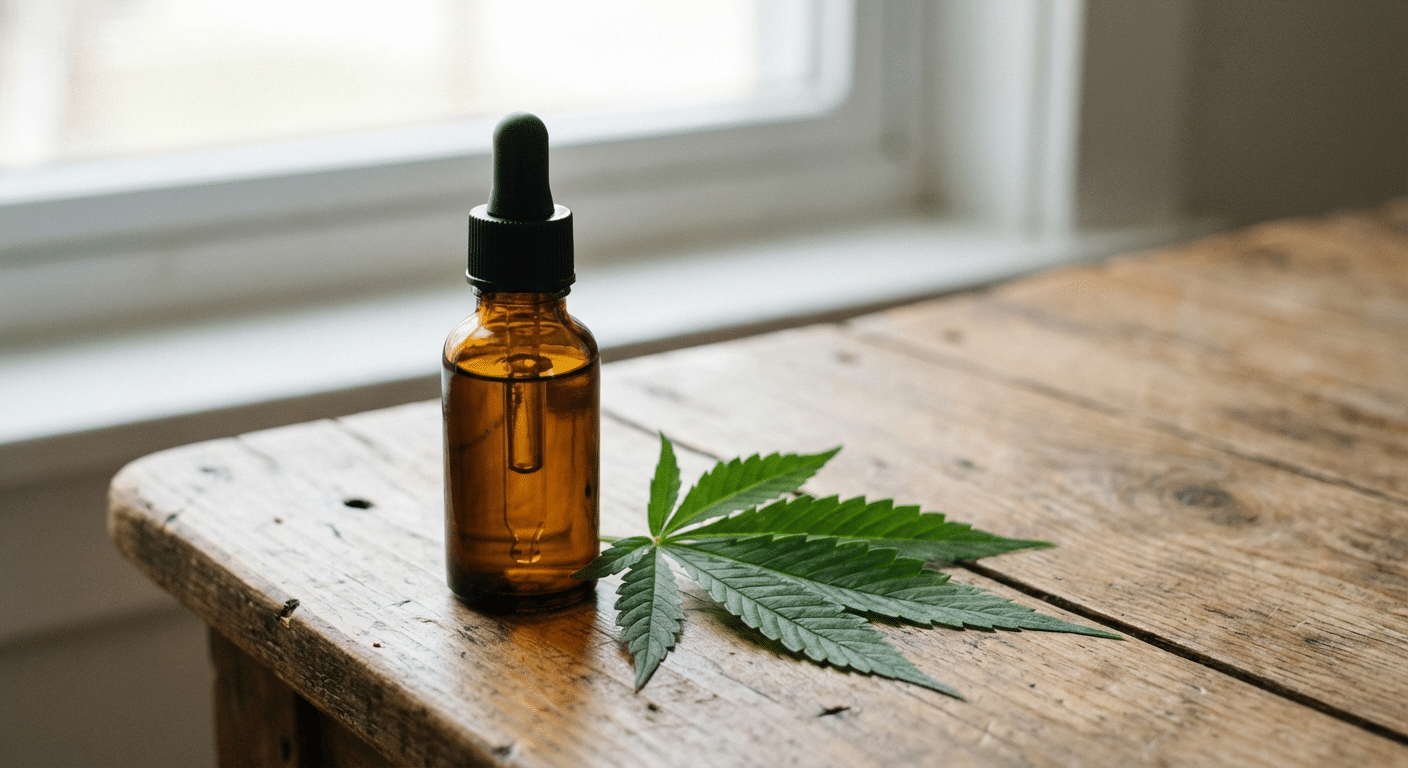 CBD olie flesje naast cannabisblad, THC olie alternatief